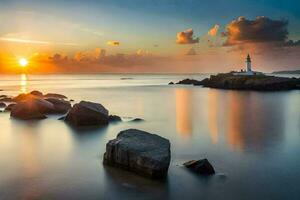 un faro en el Oceano a puesta de sol. generado por ai foto