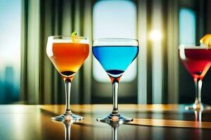 three different colored drinks are sitting on a table. AI-Generated photo