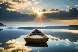 a boat sits on the water at sunset. AI-Generated photo