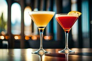 two cocktails sit on a table in front of a window. AI-Generated photo
