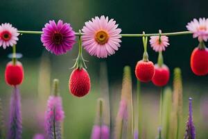 flores colgando desde un cuerda en un campo. generado por ai foto