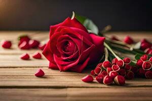 a red rose on a wooden table with red berries. AI-Generated photo