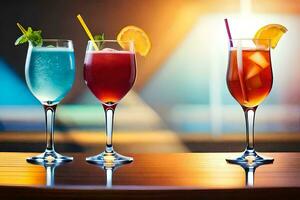 three different colored cocktails in glasses on a table. AI-Generated photo