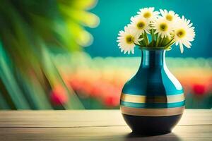 a blue vase with white daisies on a table. AI-Generated photo