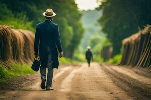 a man in a suit and hat walking down a dirt road. AI-Generated photo