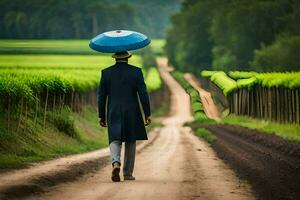 a man walking down a dirt road with an umbrella. AI-Generated photo