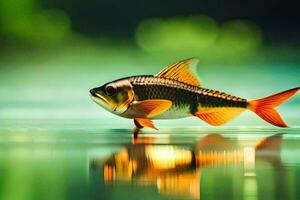 a fish is standing on the water with its reflection. AI-Generated photo