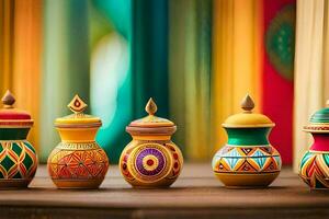 colorful ceramic pots on a table. AI-Generated photo