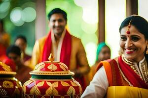 a woman in a red sari is smiling while holding a pot. AI-Generated photo