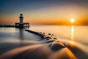 un faro es visto en el distancia a puesta de sol. generado por ai foto