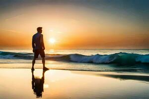 un hombre en pie en el playa a puesta de sol. generado por ai foto