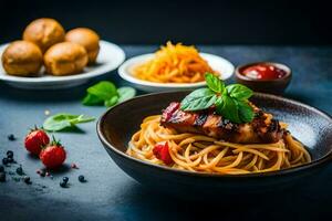 chicken and pasta in a bowl with tomatoes and basil. AI-Generated photo