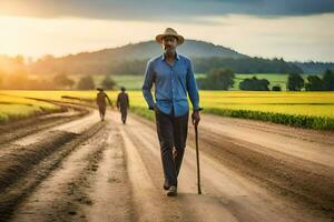 a man walking on a dirt road with a cane. AI-Generated photo