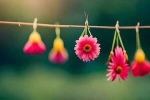 pink flowers hanging from a clothesline. AI-Generated photo