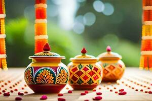 three colorful pots on a table with red and yellow decorations. AI-Generated photo