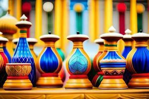 many colorful vases are lined up on a table. AI-Generated photo