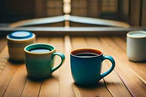 three coffee cups on a wooden table. AI-Generated photo