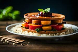 un plato con tallarines y vegetales en cima. generado por ai foto