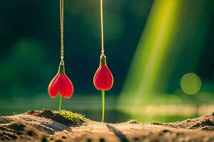 two red flowers hanging from strings. AI-Generated photo