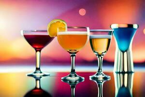 four different types of drinks are lined up on a table. AI-Generated photo