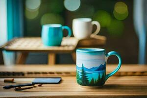 a coffee mug with a painting of a mountain and trees. AI-Generated photo