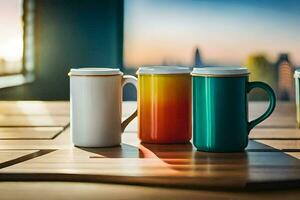 three colorful coffee mugs on a table. AI-Generated photo