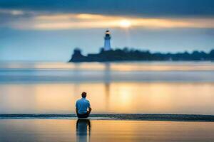 un hombre se sienta en meditación en el playa cerca un faro. generado por ai foto