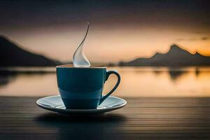 a cup of coffee on a table with a lake in the background. AI-Generated photo