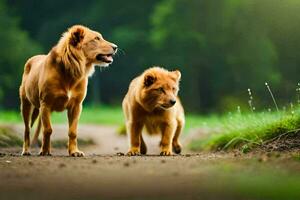 two lions standing on a dirt road in the forest. AI-Generated photo