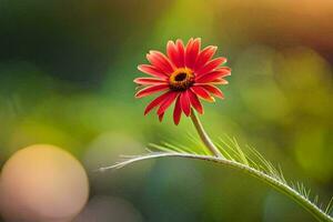 a single red flower is standing on a green stem. AI-Generated photo