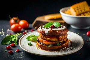 un plato con un emparedado en eso y algunos vegetales. generado por ai foto