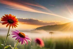 the sun rises over the mountains and the flowers are in the foreground. AI-Generated photo