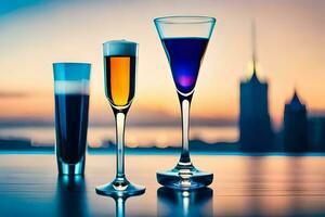 three glasses of different colored drinks on a table. AI-Generated photo