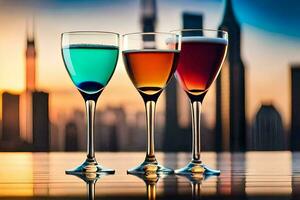 three glasses of colored drinks with city skyline in the background. AI-Generated photo