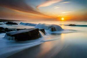 un hermosa puesta de sol terminado el Oceano con olas estrellarse en rocas generado por ai foto