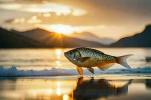 a fish is standing on the beach at sunset. AI-Generated photo