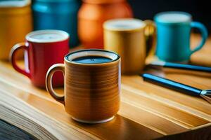 colorful coffee cups on a wooden cutting board. AI-Generated photo