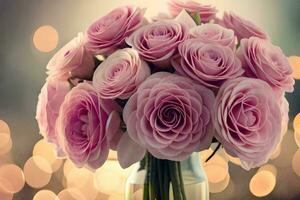 pink roses in a vase on a table. AI-Generated photo