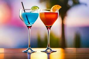 two colorful cocktails on a table with a sunset in the background. AI-Generated photo