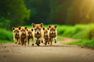 un grupo de perros corriendo en un suciedad la carretera. generado por ai foto