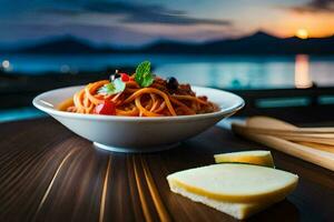 spaghetti with cheese and tomatoes on a wooden table. AI-Generated photo