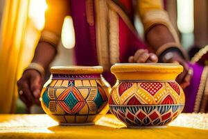 two colorful pots sitting on a table with a woman in indian attire. AI-Generated photo