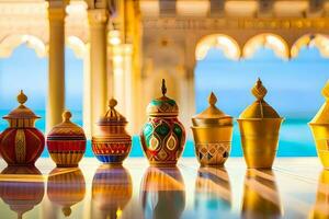 golden vases lined up on a table. AI-Generated photo