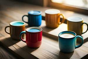 six colorful coffee cups on a wooden table. AI-Generated photo