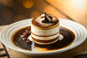 a dessert on a plate with chocolate and caramel. AI-Generated photo