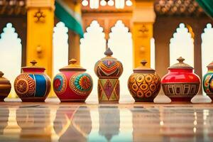 colorful pots and vases lined up in a row. AI-Generated photo