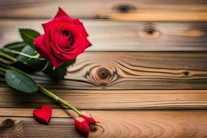 a single red rose on a wooden table. AI-Generated photo