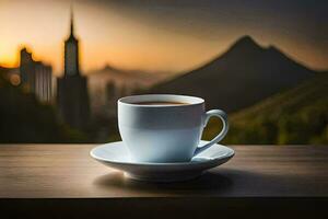 a cup of coffee on a table in front of a cityscape. AI-Generated photo