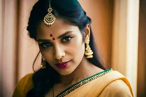 a beautiful indian woman in a yellow sari. AI-Generated photo