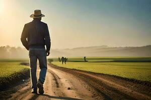 un hombre caminando en un suciedad la carretera en el medio de un campo. generado por ai foto